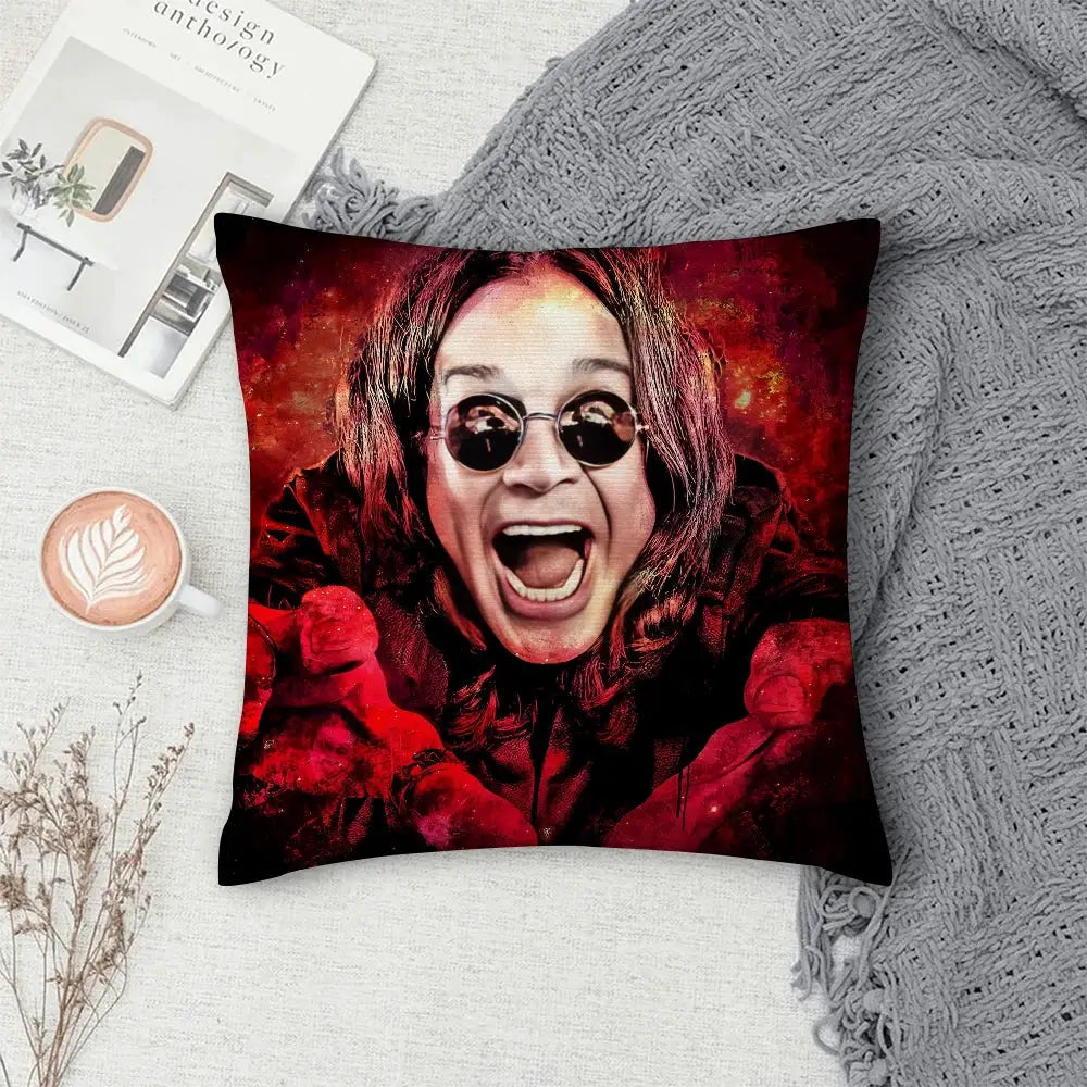 O-OZZY OSBOURNE decorative pillow cover; square plush cushion with double-sided red print