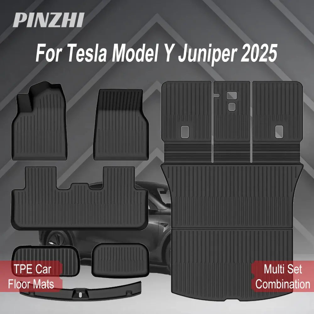 Tesla Model Y Juniper 2025 floor mats set; PINZHI TPE car mats, multi‑set trunk and front/rear mats