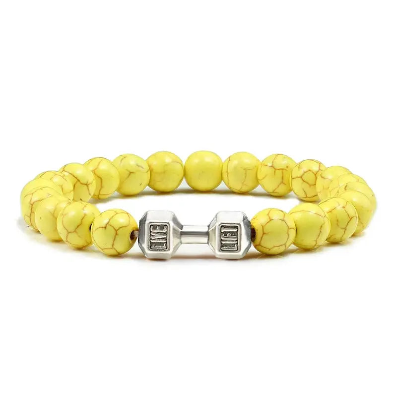 Natural Volcanic Stone Bracelet For Men And Women Matte Black Lava White Beads Dumbbell Charm Strand Fitness Jewelry