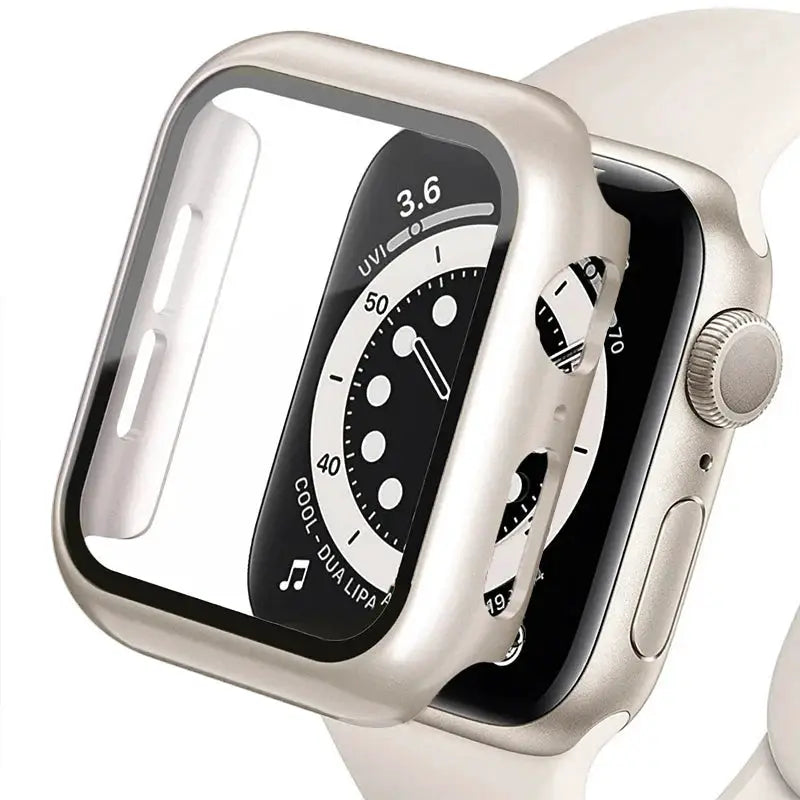 Apple Watch case with tempered glass screen protector, 40–45mm, beige/gold frame, Simples Market