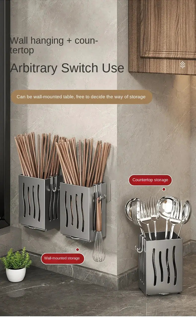 Chopstick storage boxes in metal gray with wall mounts and a utensil holder by Simples Market (2 boxes, 1 holder).