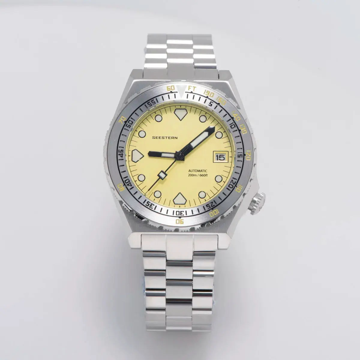 Seestern Sub600T men's diver watch with yellow dial and stainless steel bracelet, automatic NH35 movement