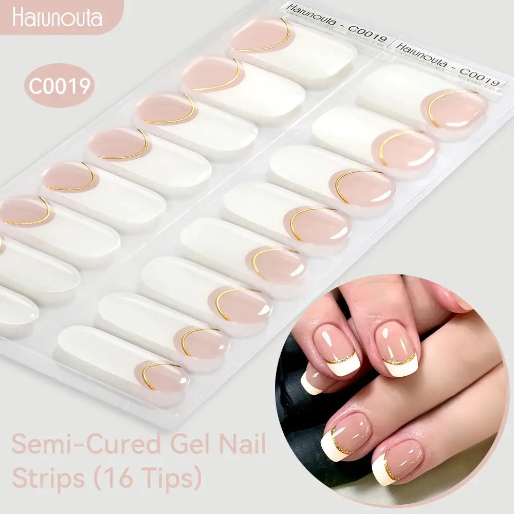 Harunouta Gradient Auroras Semi-Cured Gel Nail Strips, 16 nude-pink French-tip strips with gold arc accents