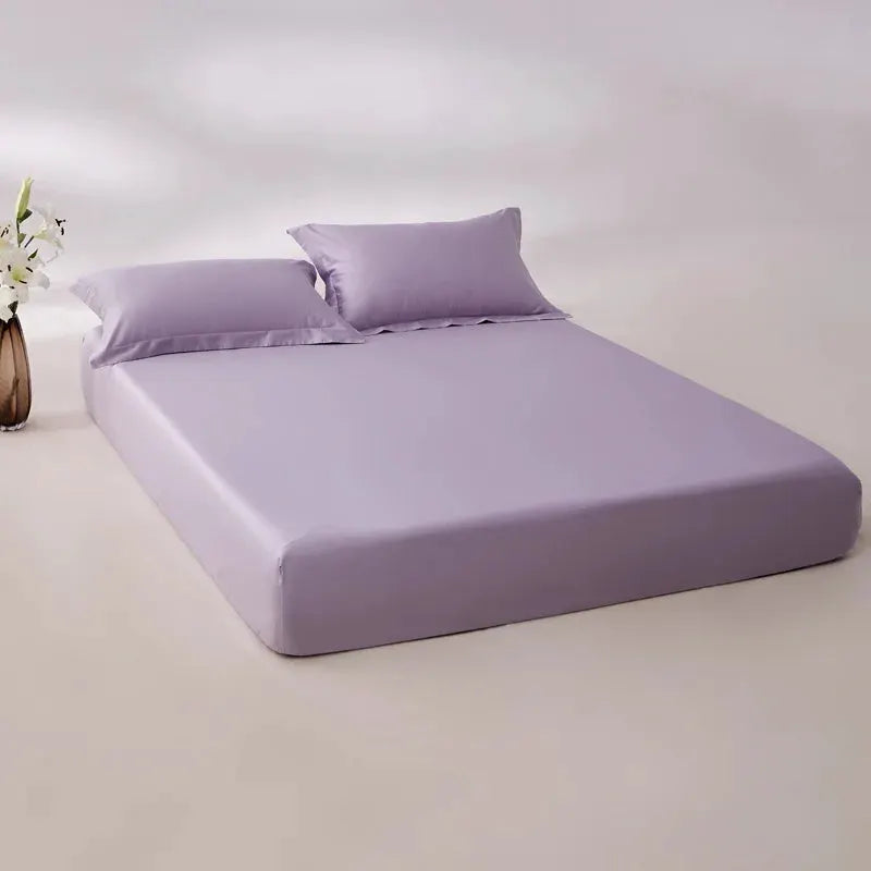 Fitted sheet, purple, 100% Egyptian cotton, elastic corners, 800 thread count, includes matching pillowcases