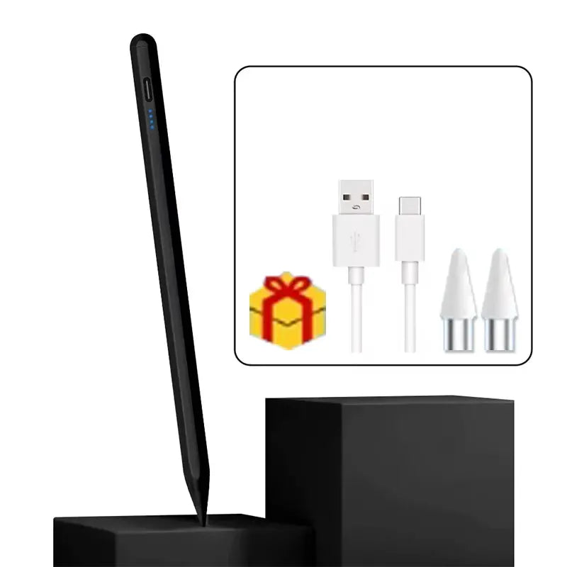 Simples Market universal stylus pen for Android and iOS tablets, black with USB charging cable and two replacement tips