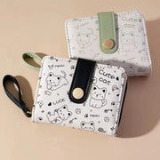 Cat-print wallet set for women by Simples Market, white wallets with black and green straps and zipper closure (2)