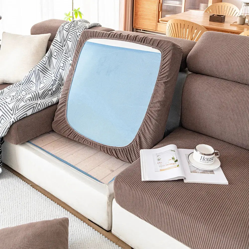 Simples Market thick jacquard sofa cushion covers in brown with a light-blue removable cushion cover on a sectional