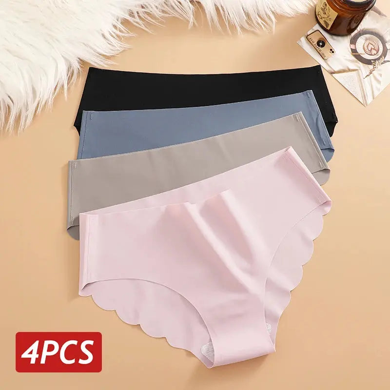 Ice Silk seamless panties 4PCS set by Simples Market in black, blue, gray and pink with scalloped wavy edges