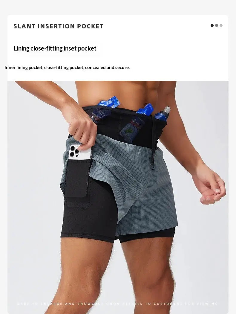 Men's double-layer running shorts with side phone pocket, black with gray overlay, quick-dry breathable.