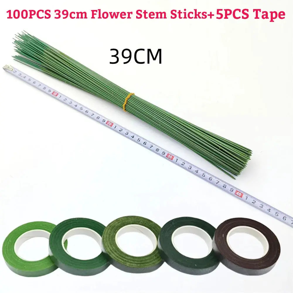 Green Flower Stem Sticks DIY Floral Material Handmade Wire Stem Self Adhesive Floriculture Tape Paper Tape For Bouquets