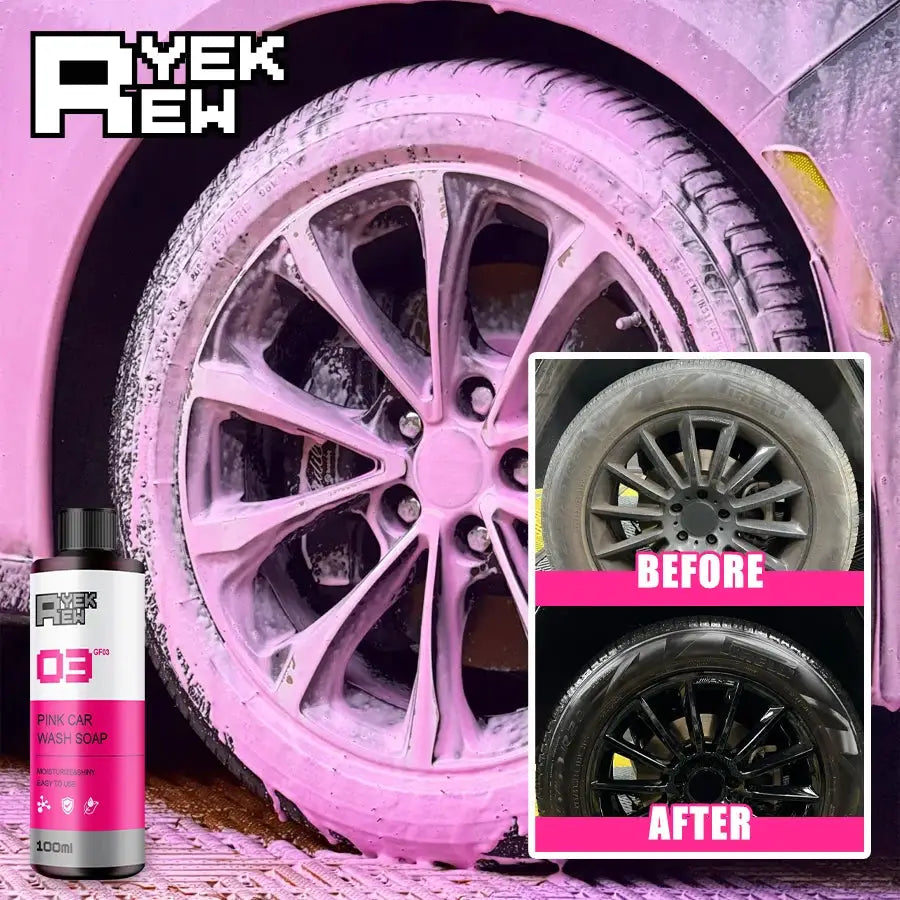 Pink car pre-wash foam soap by Simples Market; pink foam coats wheel, with before/after inset