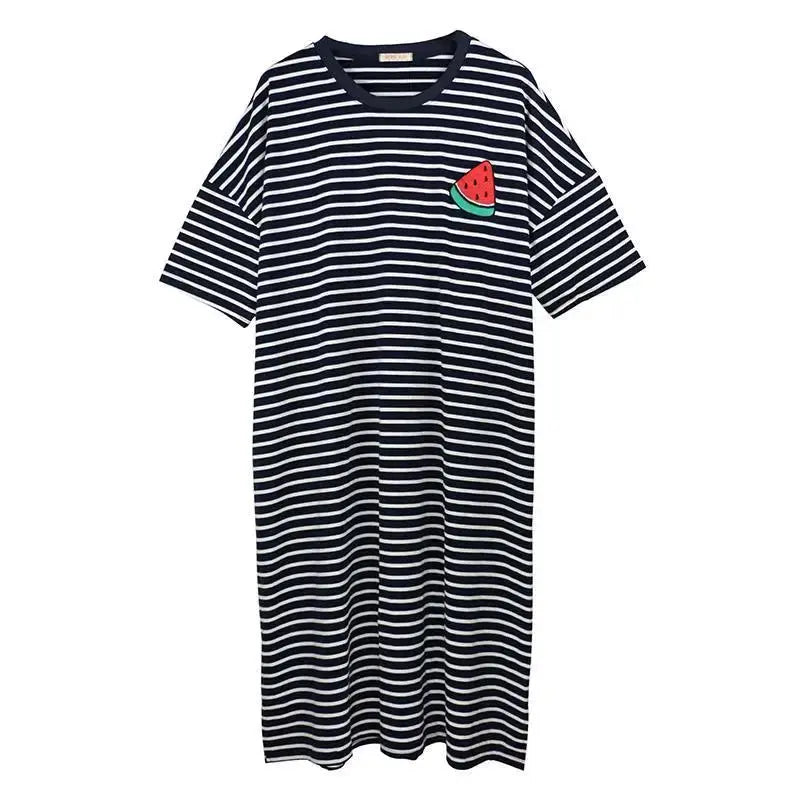 CozyNest Plus Size Striped Pajama Dress Lengthened For Summer Homewear Breathable Polyester Blend