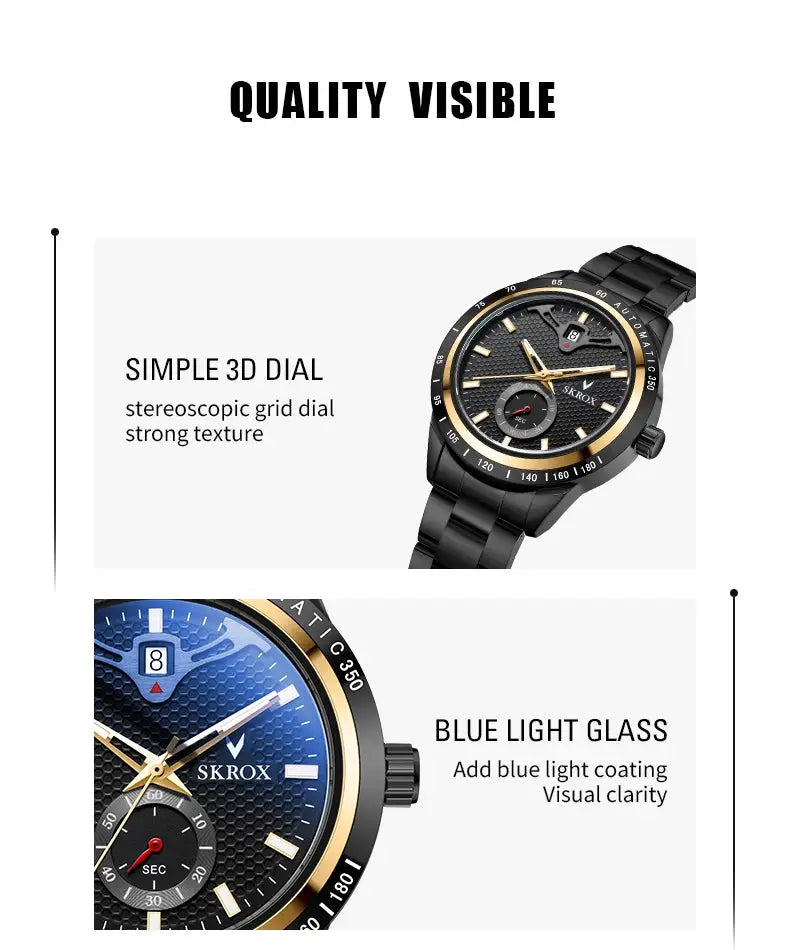 two SKROX sapphire stainless steel automatic men's watches by Simples Market; black textured dial and blue light glass