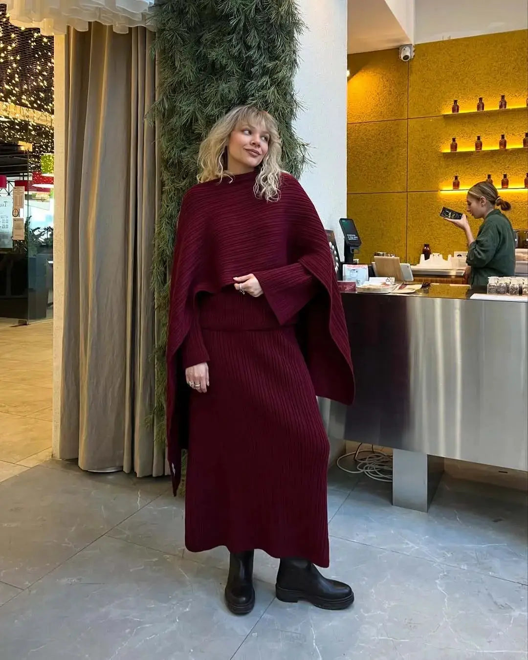 Hirsionsan Two Piece Set Women Polo Neck Cardigan And Midi Dress