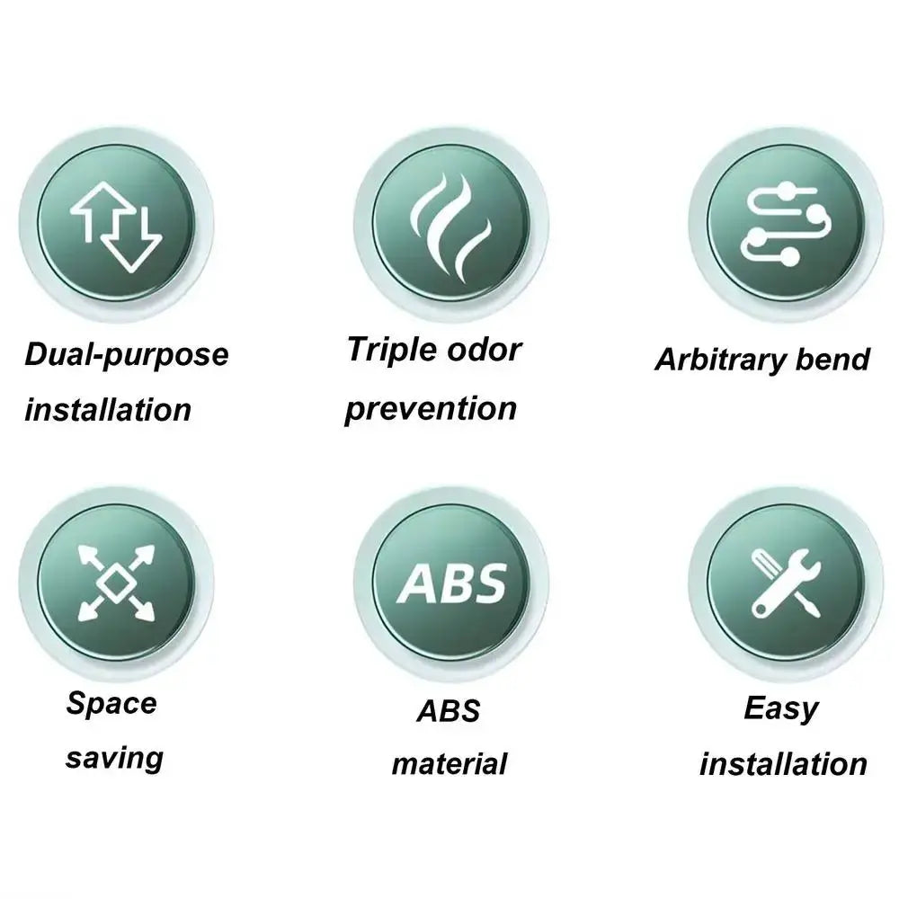 Retractable anti-odor drain pipe filter with six green feature icons