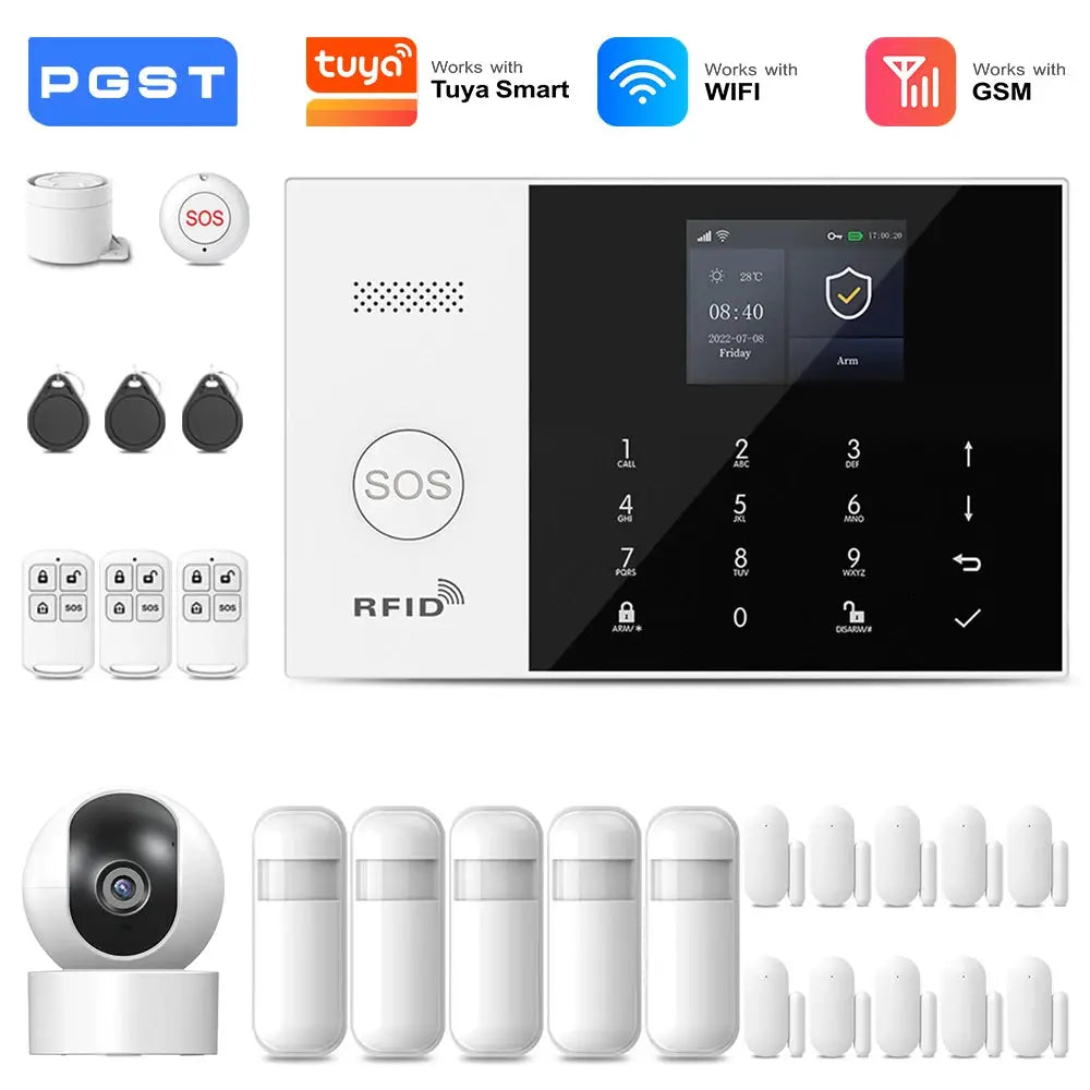 PGST WiFi 2G GSM home security alarm system kit with touchscreen panel, camera, RFID badge and multiple door/window sensors