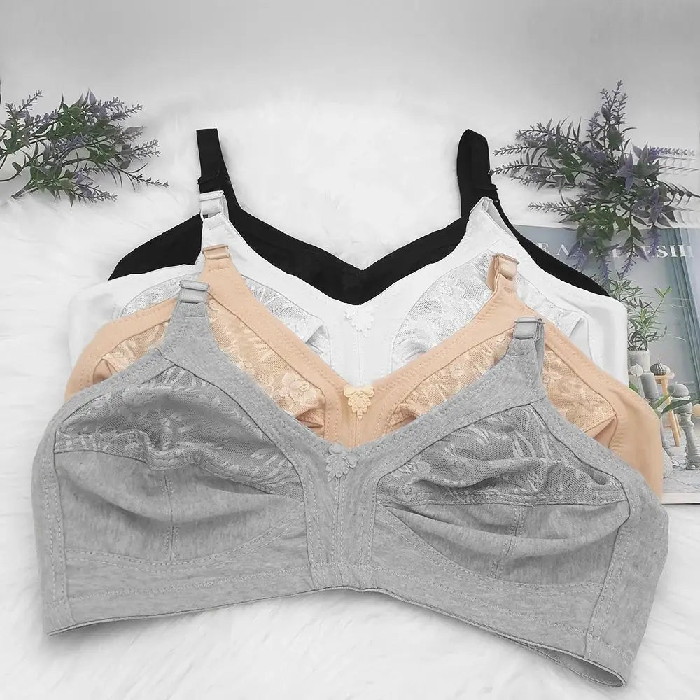 Set of 4 large-size bras in grey, beige, white, and black with lace cups; seamless, non-padded full-cup design