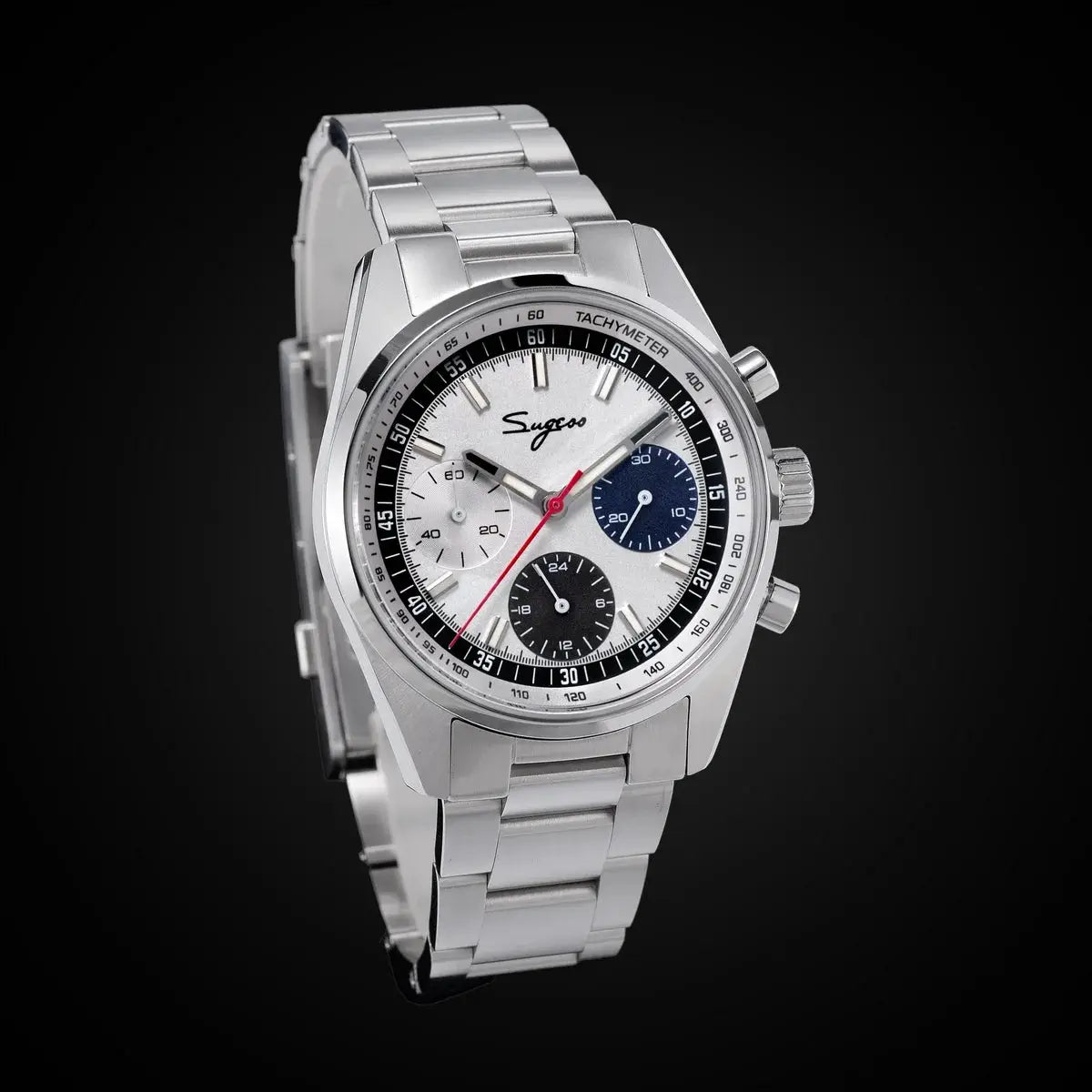 Sugess men's 38mm stainless steel chronograph watch with sapphire crystal and roulette dial; three subdials.