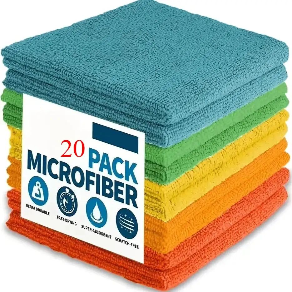 Simples Market 20-pack microfiber kitchen towels in assorted colors, ultra-absorbent, soft, stain-removing.