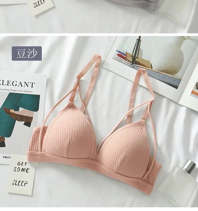 Peach wireless bralette with ribbed triangle cups and adjustable straps