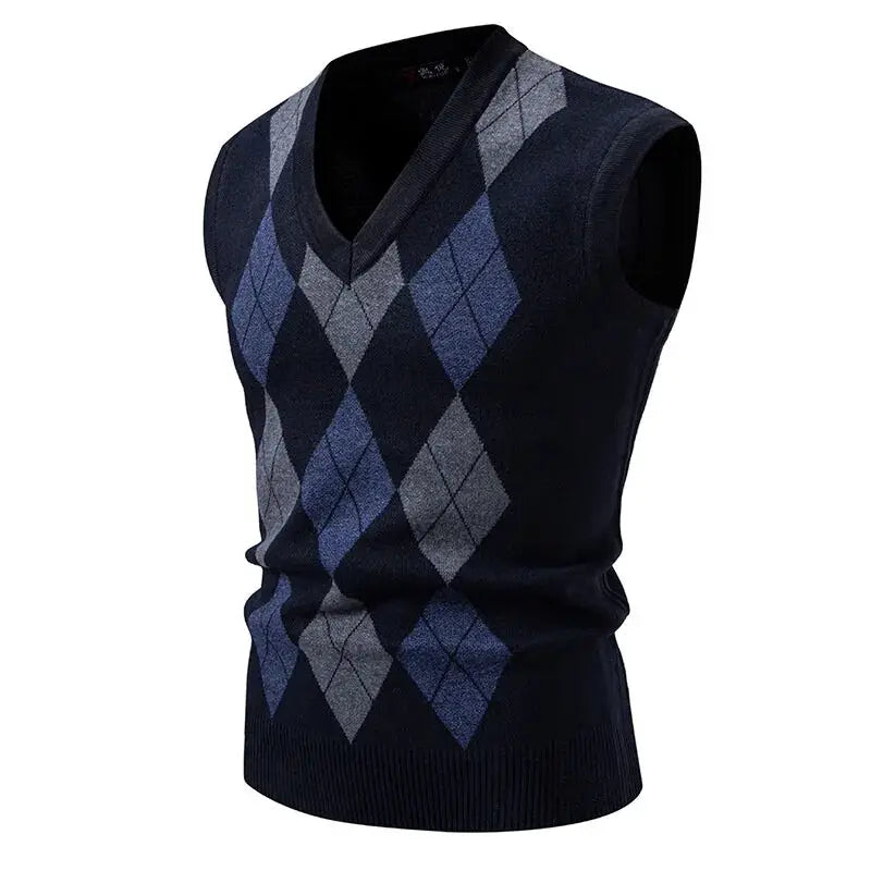 Simples Market men's argyle knit vest, navy sleeveless V-neck, slim fit