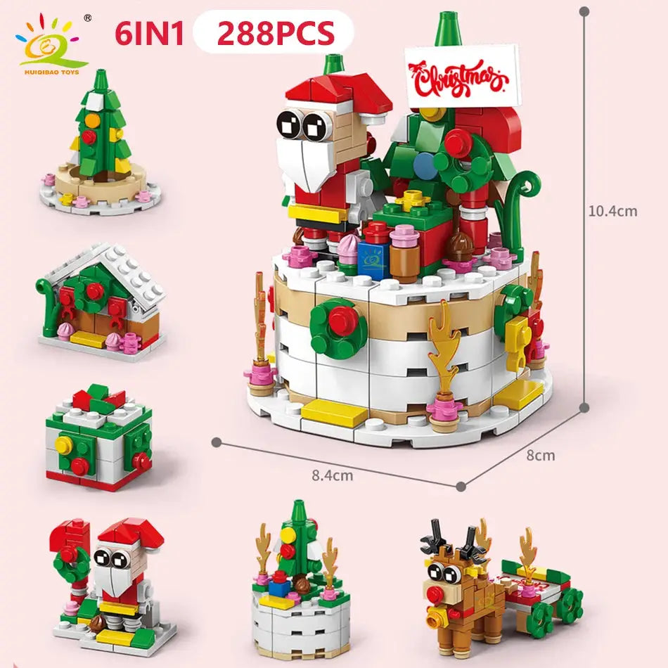 HUIQIBAO 6 In 1 Christmas Building Blocks Set Elk Deer Santa Claus Snow House Xmas Tree Bricks Toys for Children Gifts