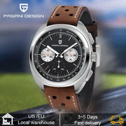 Pagani Design men's watch with black chronograph dial, three subdials, sapphire glass, brown leather strap.