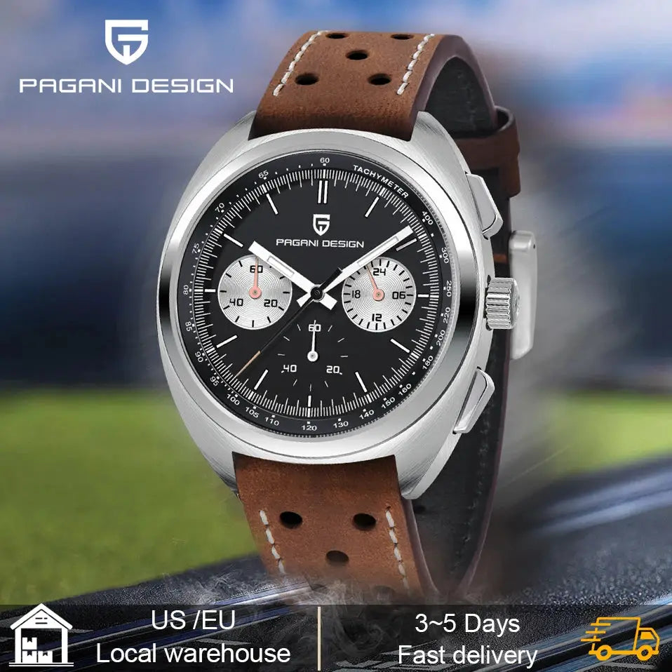 Pagani Design men's watch with black chronograph dial, three subdials, sapphire glass, brown leather strap.