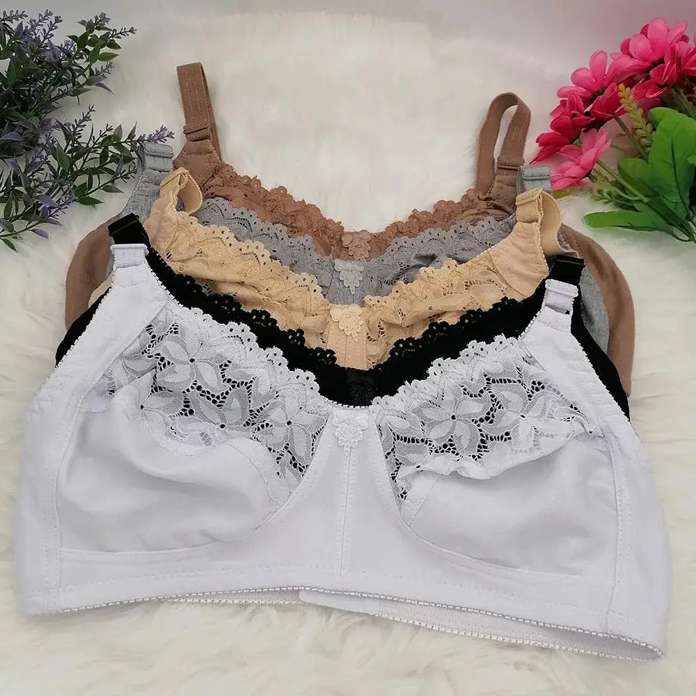 Five wire-free lace bras in white, black, gray, beige and brown.