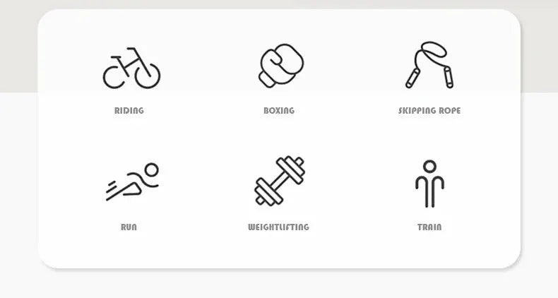 Simples Market fitness icons card showing riding, boxing, skipping rope, running, weightlifting, and training.