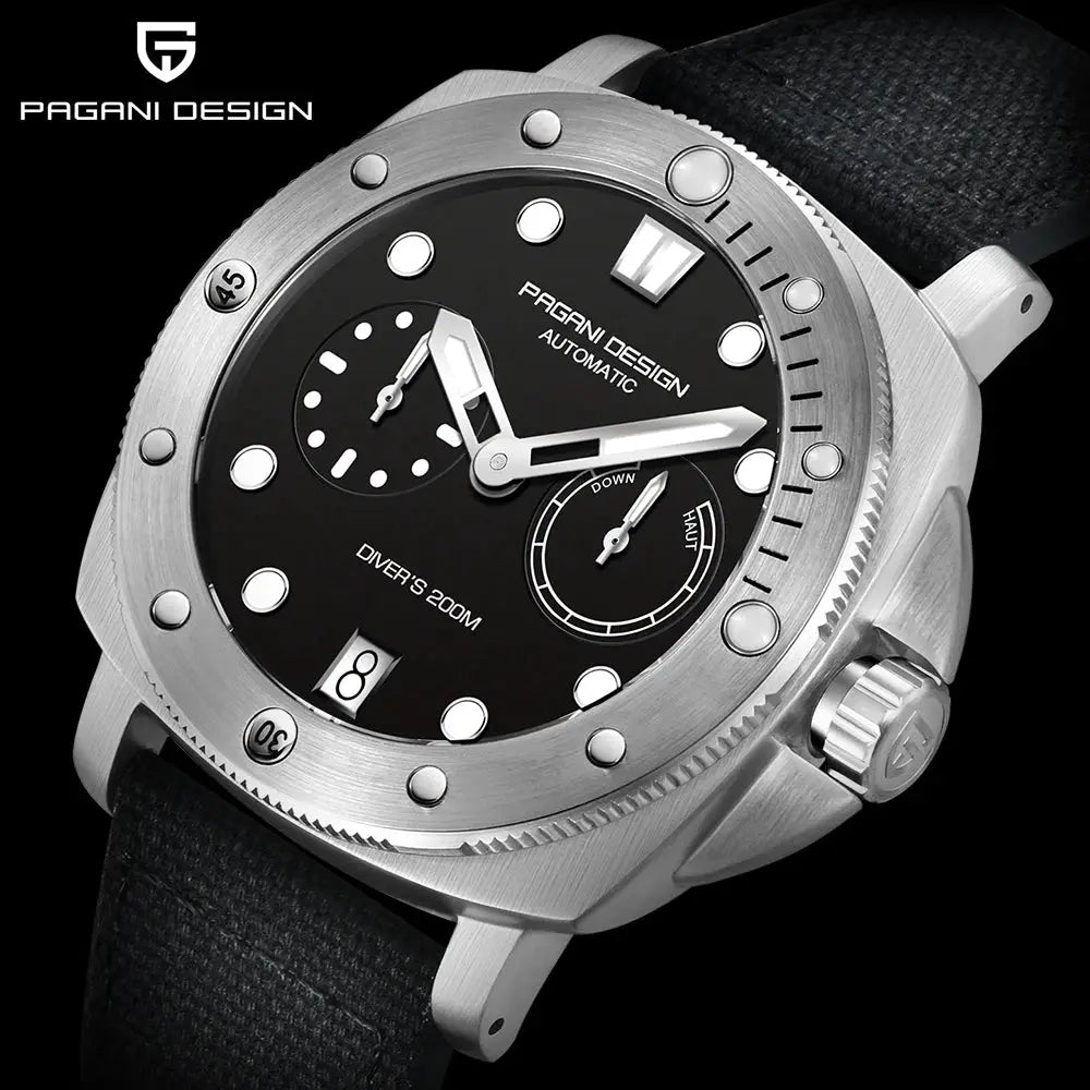 PAGANI DESIGN men's automatic diver watch, black dial, stainless steel case, 200m water resistant