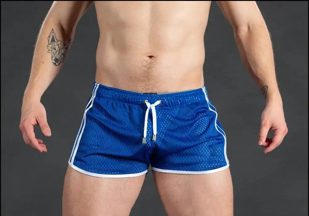 Men's blue mesh gym shorts with white piping and drawstring, breathable running shorts