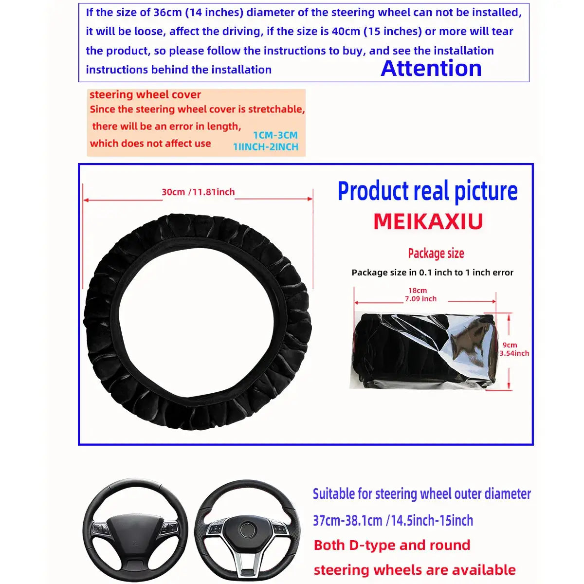 Simples Market steering wheel cover, plush black short-fur, fits 14.5-15 inch wheels