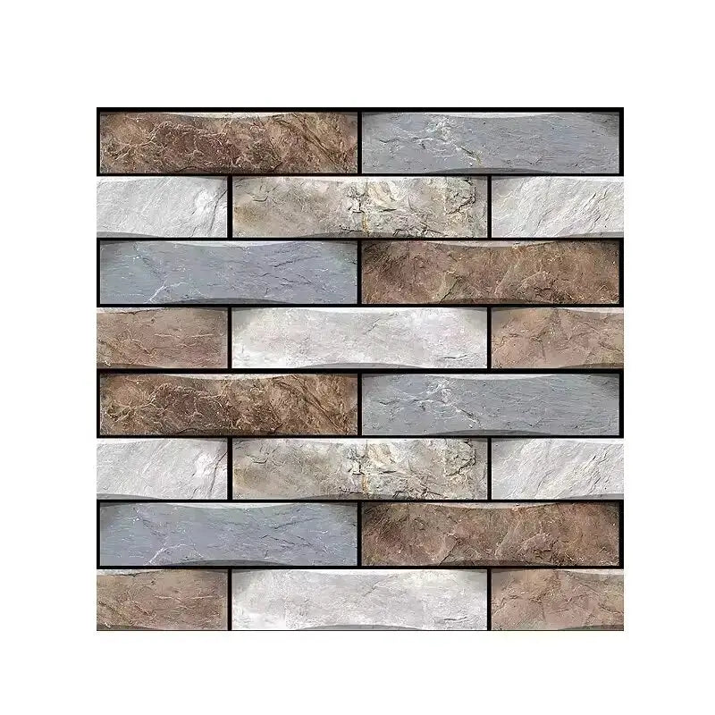 Self-adhesive stone tile wall sticker, 3D PVC, gray and brown panels, waterproof for kitchen or bathroom decor
