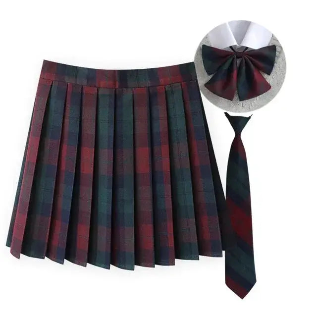 Simples Market 3-piece set: plaid pleated A-line mini skirt with matching necktie bow, red-green-navy JK uniform style