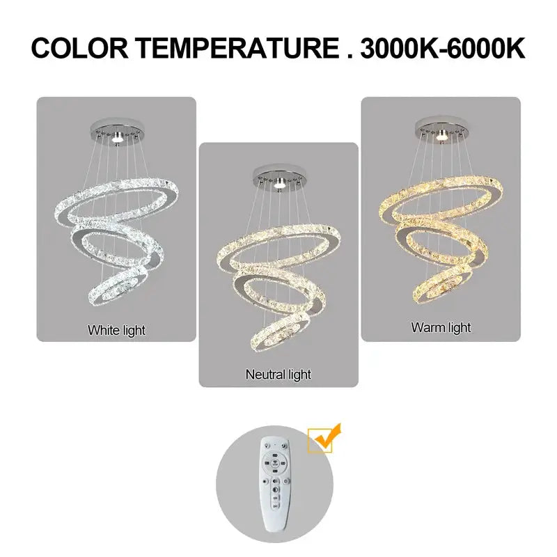 Simples Market modern crystal ring LED chandelier pendant light, chrome finish, remote dimming, white/neutral/warm temps.