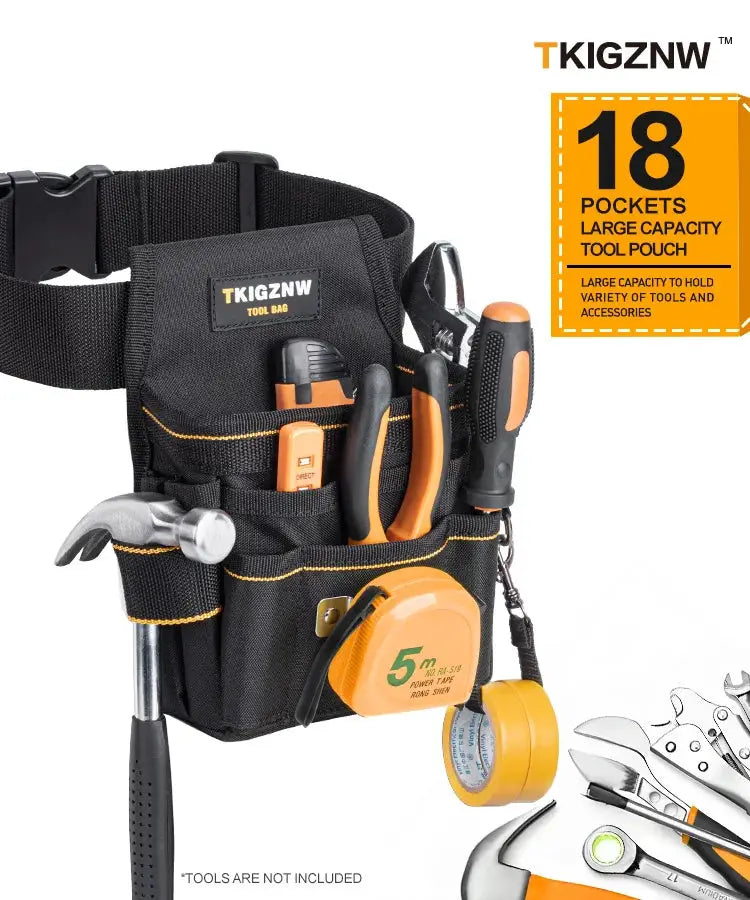 TKIGZNW tool belt bag by Simples Market; black utility belt with 18 pockets and orange-handled tools