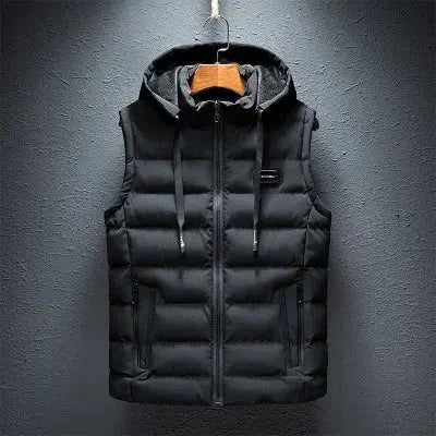 Simples Market men's hooded cotton-padded sleeveless vest with zipper, black, plus-size 6XL.