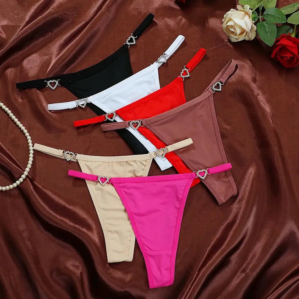 Simples Market women's thong underwear set in 6 assorted colors with heart-decorated side straps