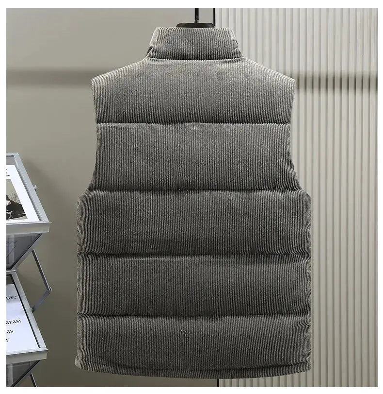Simples Market men's padded corduroy vest with zipper, grey sleeveless winter waistcoat