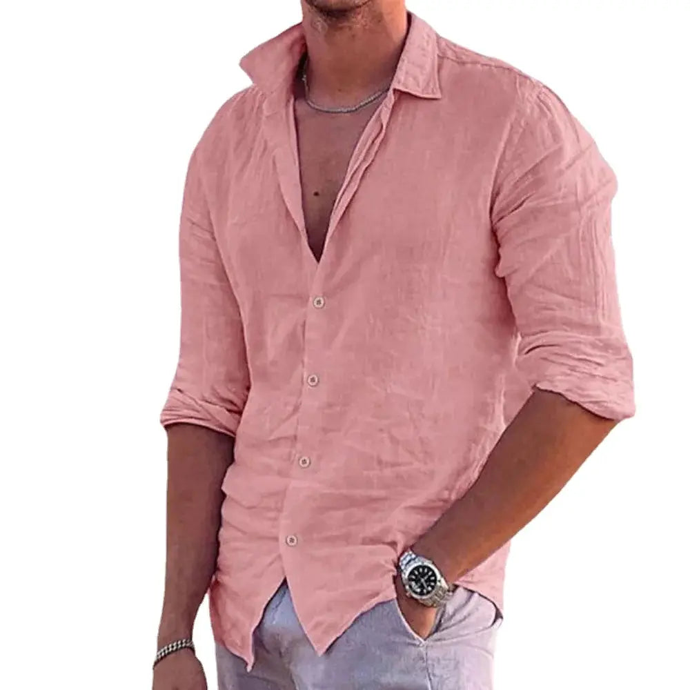 Men's pink linen button-down shirt with rolled sleeves, lightweight casual beachwear