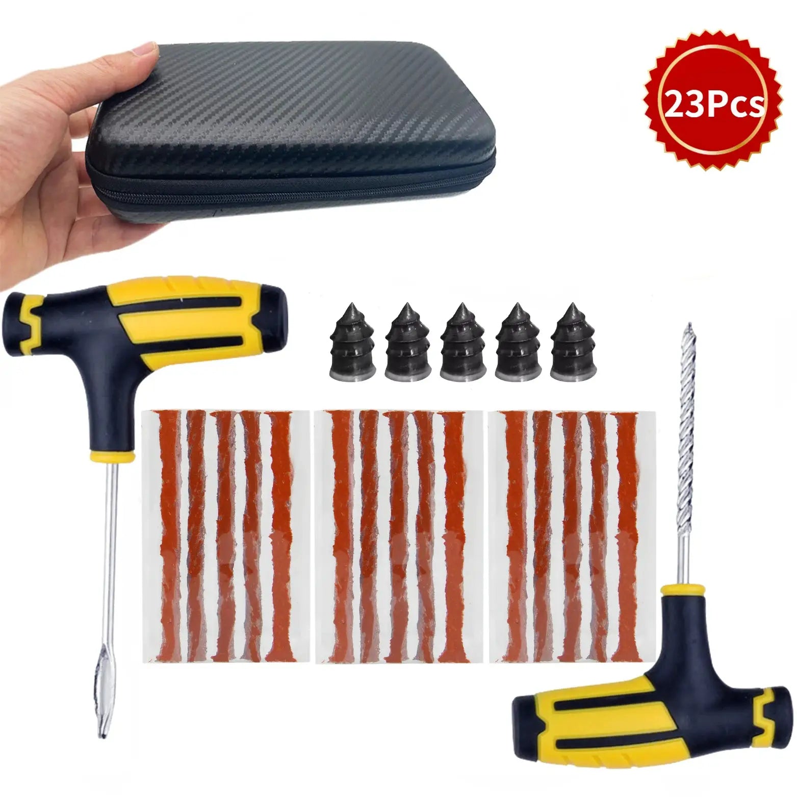 ZFOUEK tire repair kit by Simples Market, 23 pcs, black carbon-fiber case with yellow-handled tools