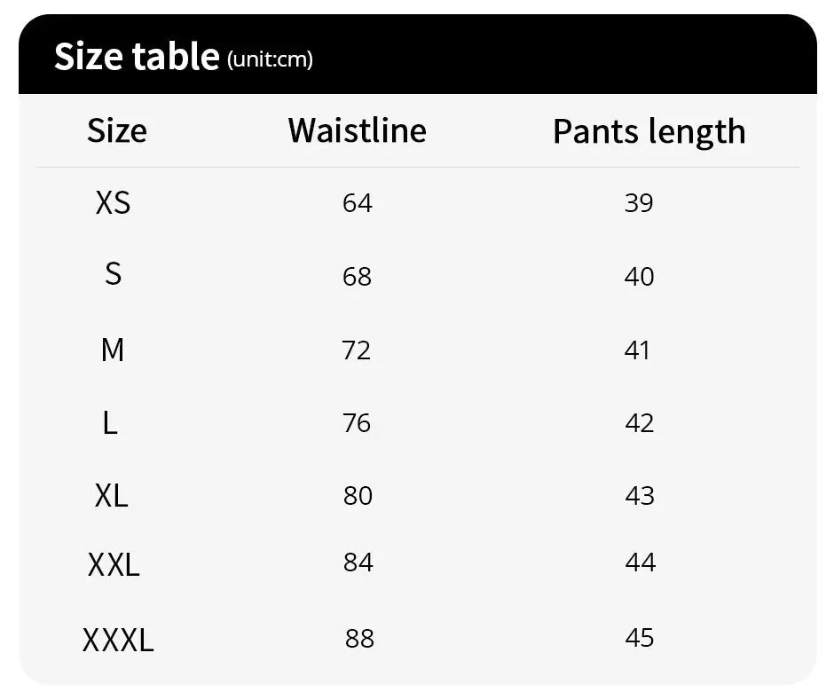 Simples Market men's sports long boxer shorts size table (XS–XXXL) with waist and pants length measurements
