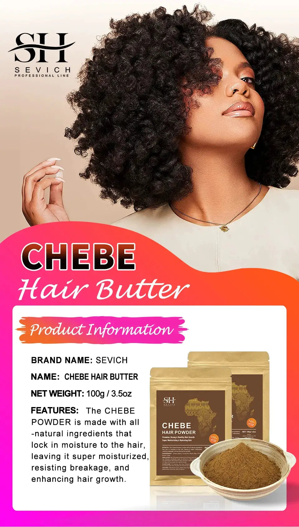 100% Natural Chebe Powder Natural Ingredients Promotes Hair Strengthens & Thickens Anti Hair Loss Hair Regrowth Treatment