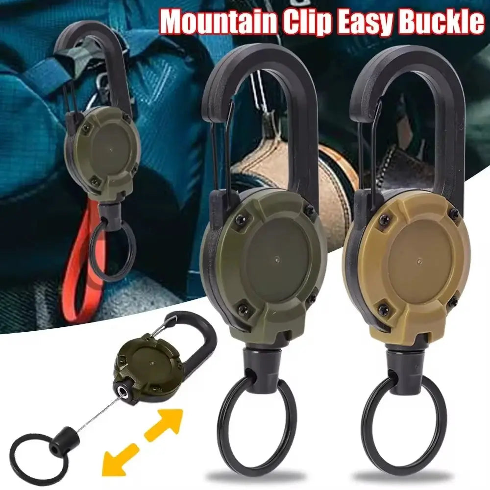 Three retractable pull-reel carabiners with olive green and tan housings, steel wire rope, and key rings