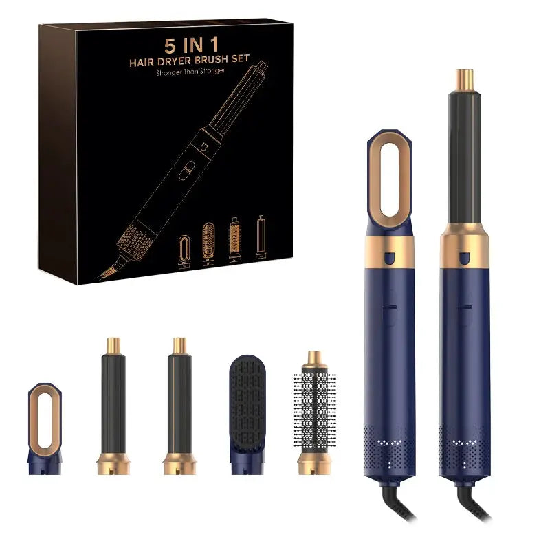 Simples Market 5 in 1 Hair Dryer Brush Set with blue and gold handles and five attachments