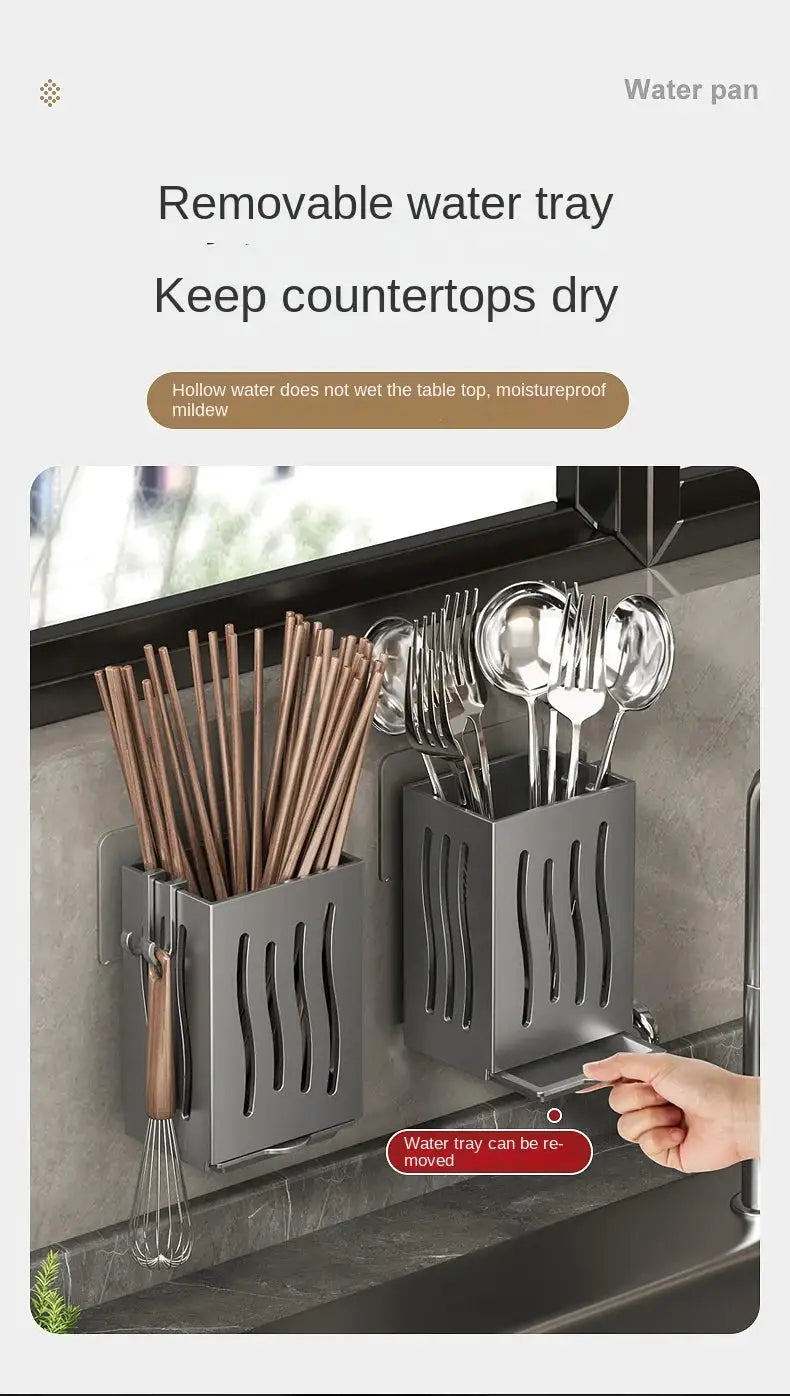 Simples Market two gray wall-mounted chopstick and utensil storage boxes with removable water tray