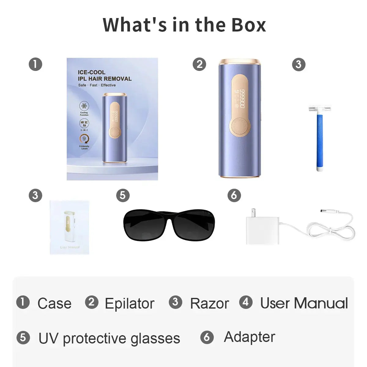 Simples Market blue IPL hair removal device kit; 6 items include case, epilator, razor, manual, UV glasses, adapter
