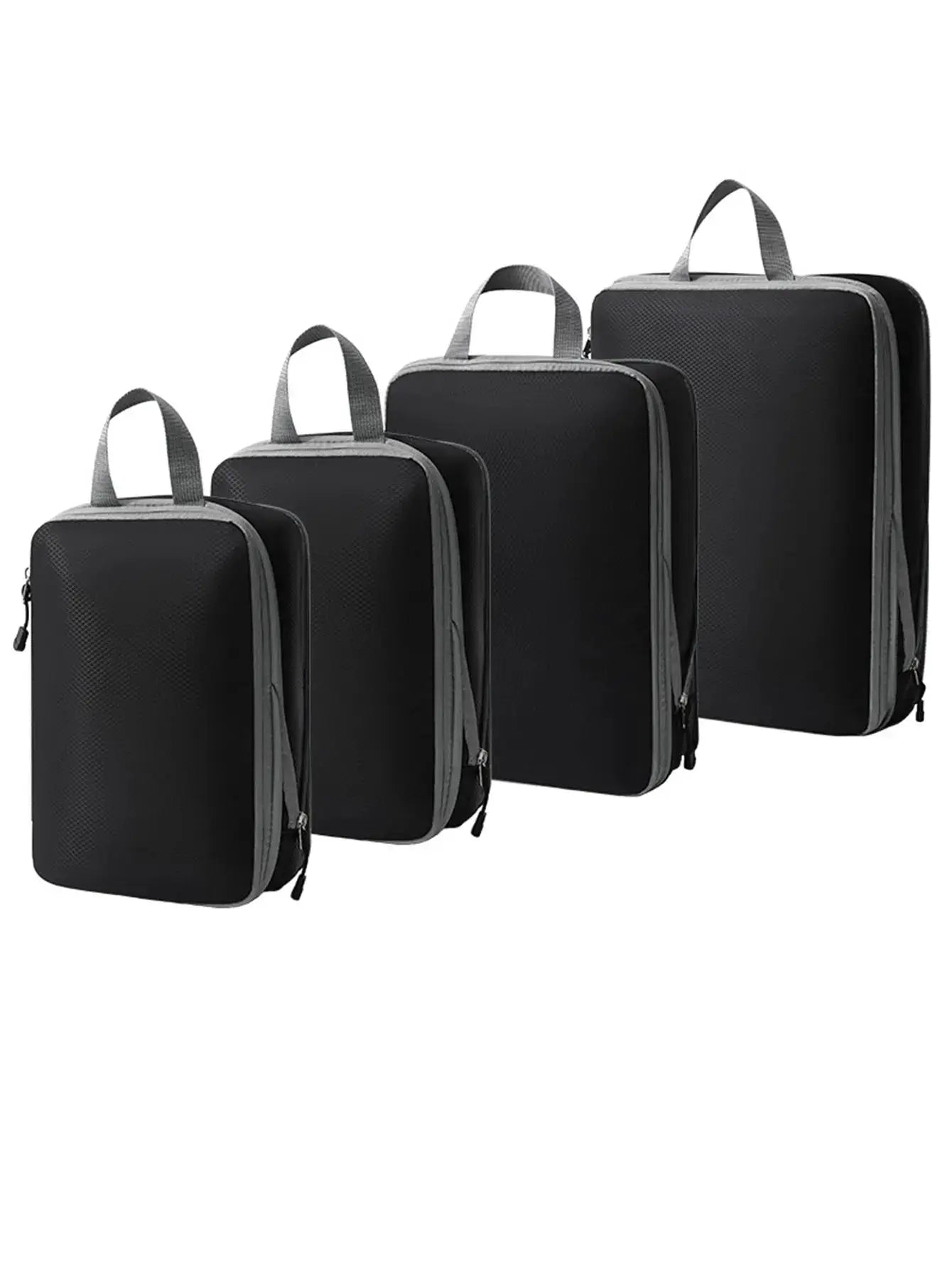 4-pack black packing cubes with gray trim and handles for travel; waterproof compressible luggage organizers
