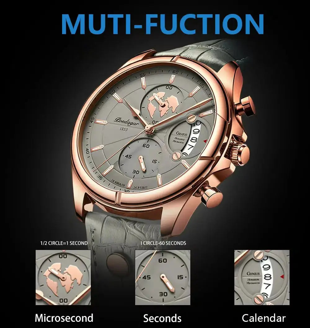 Simples Market POEDAGAR sports casual men's watch, rose-gold case, gray dial, leather strap, date and chronograph